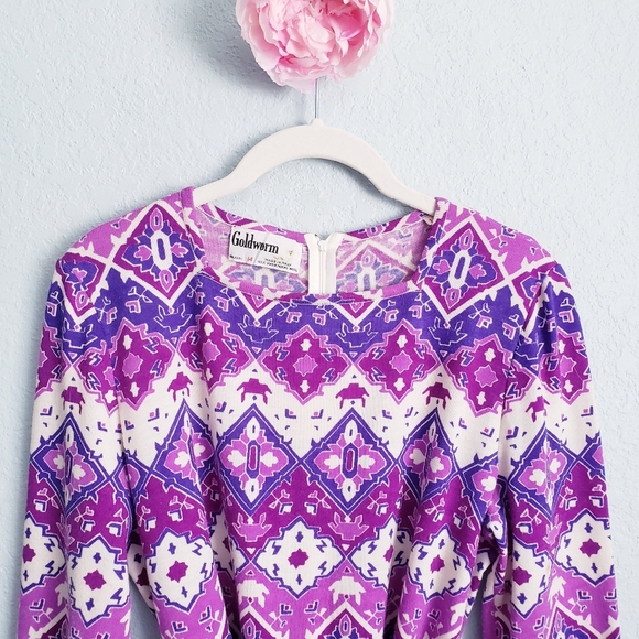 Vintage‎ Goldworm Purple And White Geometric Longsleeve Merino Wool Dress - Picture 5 of 8